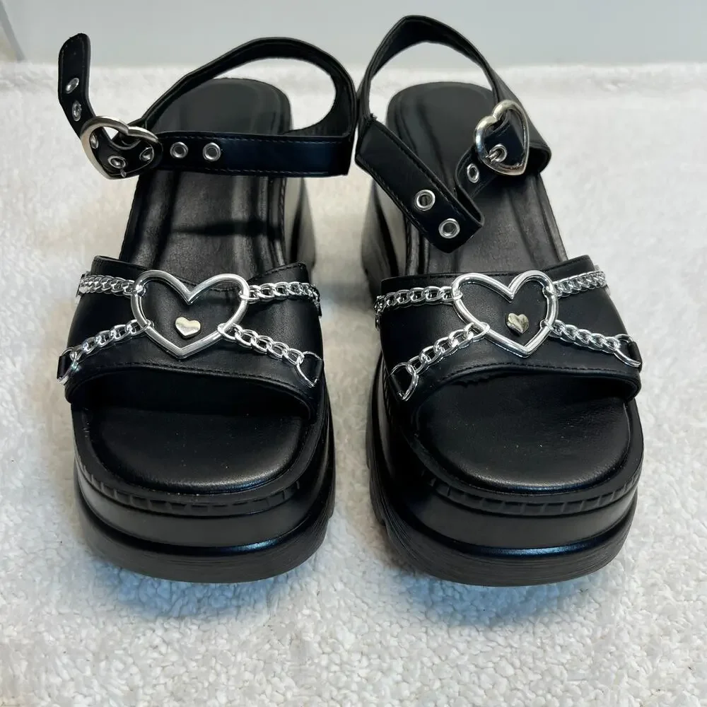 Womens Gothic Sandal Wedges Heart Chain Alternative Shoes Size 10